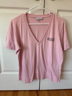 Ganni Light Pink V-Neck Logo Tee